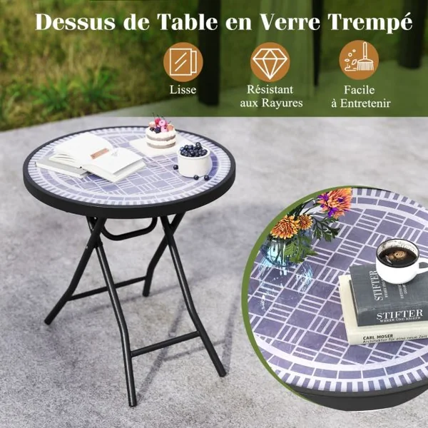 Table de Jardin Bistro Ronde Pliante de 46 cm Table Basse Extérieur avec Plateau en Verre Trempé Cadre en Métal Robuste Charge 50 kg Noir/Gris