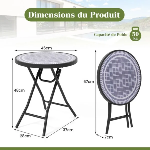 Table de Jardin Bistro Ronde Pliante de 46 cm Table Basse Extérieur avec Plateau en Verre Trempé Cadre en Métal Robuste Charge 50 kg Noir/Gris