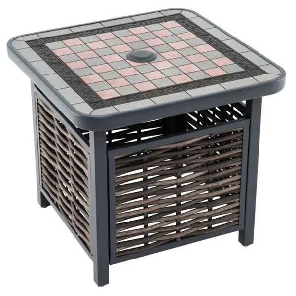 Table de Jardin Carrée Plateau en Résine 55 CM Table Basse de Patio en Rotin PE avec Trou pour Parasol Cadre en Métal