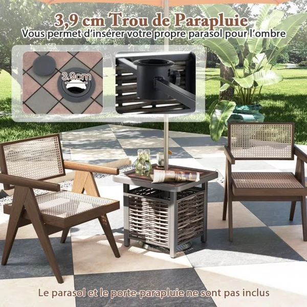 Table de Jardin Carrée Plateau en Résine 55 CM Table Basse de Patio en Rotin PE avec Trou pour Parasol Cadre en Métal