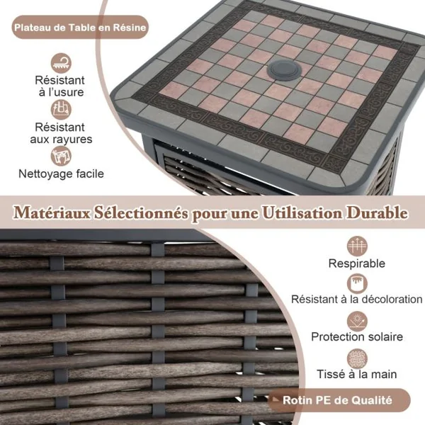 Table de Jardin Carrée Plateau en Résine 55 CM Table Basse de Patio en Rotin PE avec Trou pour Parasol Cadre en Métal