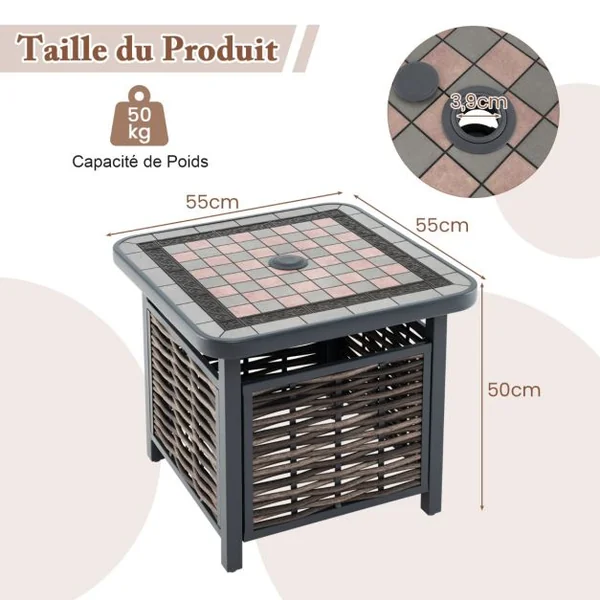 Table de Jardin Carrée Plateau en Résine 55 CM Table Basse de Patio en Rotin PE avec Trou pour Parasol Cadre en Métal