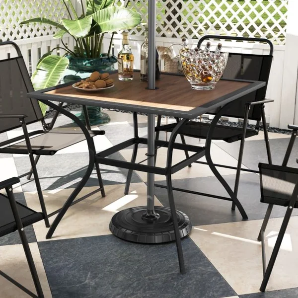 Table de Jardin Carrée pour 4 Personnes Table Bistrot avec Trou pour Parasol Réglable Plateau en Bois Cadre en Métal Terrasse