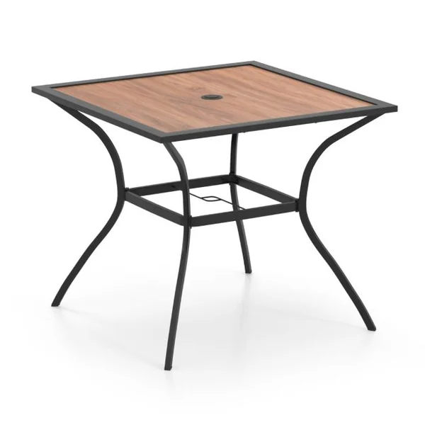 Table de Jardin Carrée pour 4 Personnes Table Bistrot avec Trou pour Parasol Réglable Plateau en Bois Cadre en Métal Terrasse