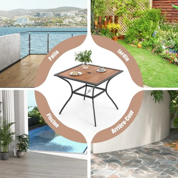 Table de Jardin Carrée pour 4 Personnes Table Bistrot avec Trou pour Parasol Réglable Plateau en Bois Cadre en Métal Terrasse