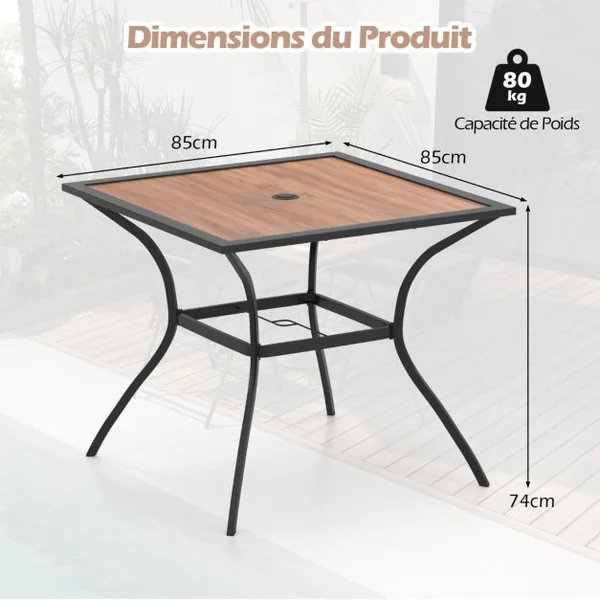 Table de Jardin Carrée pour 4 Personnes Table Bistrot avec Trou pour Parasol Réglable Plateau en Bois Cadre en Métal Terrasse