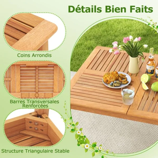 Table de Jardin en Bois d'Acacia pour 6 Personnes Table de Salle à Manger de 170 x 90 cm avec Trou pour Parasol 5 cm Naturel