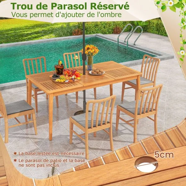 Table de Jardin en Bois d'Acacia pour 6 Personnes Table de Salle à Manger de 170 x 90 cm avec Trou pour Parasol 5 cm Naturel