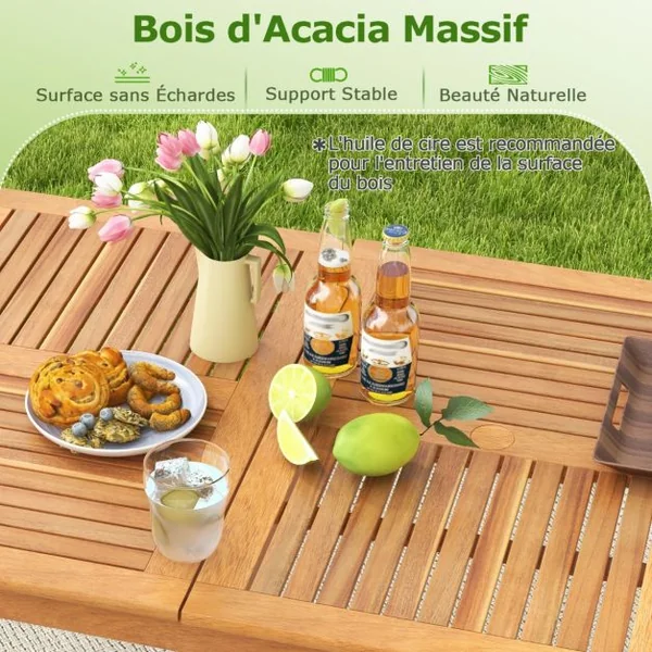 Table de Jardin en Bois d'Acacia pour 6 Personnes Table de Salle à Manger de 170 x 90 cm avec Trou pour Parasol 5 cm Naturel