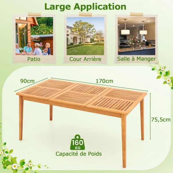 Table de Jardin en Bois d'Acacia pour 6 Personnes Table de Salle à Manger de 170 x 90 cm avec Trou pour Parasol 5 cm Naturel