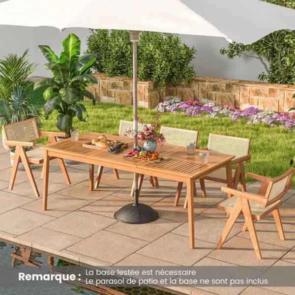 Table de Jardin en Bois d'Acacia pour 8 Personnes Table de Salle à Manger de 200 x 90 cm avec Trou pour Parasol 5 cm Naturel