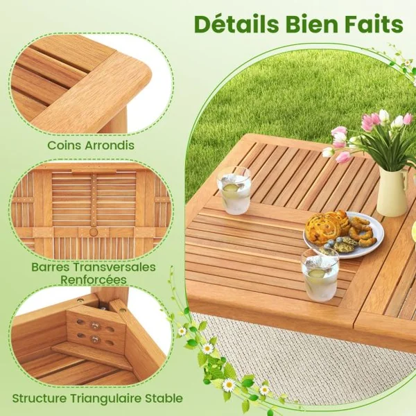 Table de Jardin en Bois d'Acacia pour 8 Personnes Table de Salle à Manger de 200 x 90 cm avec Trou pour Parasol 5 cm Naturel