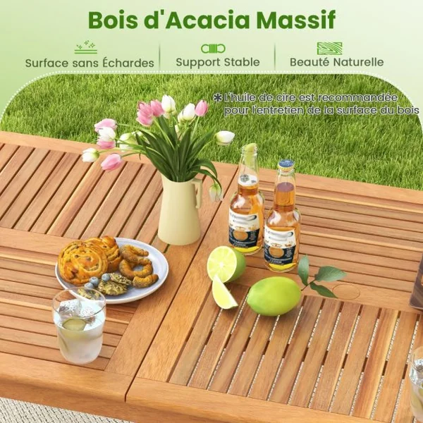 Table de Jardin en Bois d'Acacia pour 8 Personnes Table de Salle à Manger de 200 x 90 cm avec Trou pour Parasol 5 cm Naturel