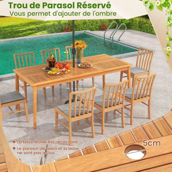 Table de Jardin en Bois d'Acacia pour 8 Personnes Table de Salle à Manger de 200 x 90 cm avec Trou pour Parasol 5 cm Naturel