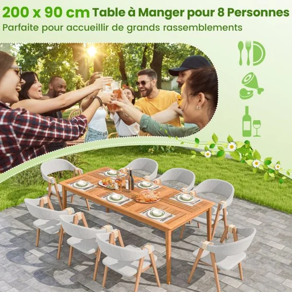 Table de Jardin en Bois d'Acacia pour 8 Personnes Table de Salle à Manger de 200 x 90 cm avec Trou pour Parasol 5 cm Naturel