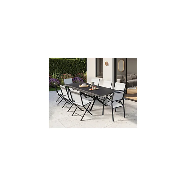 Table de jardin extensible Absolu Proloisirs céramique mat coloris Black Boreal châssis graphite P.100 cm x L.180/240 cm x H.77 cm