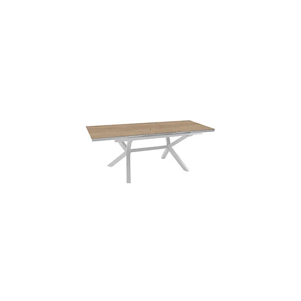Table de jardin extensible Absolu Proloisirs céramique mat coloris chêne clair châssis blanc P.100 cm x L.180/240 cm x H.77 cm