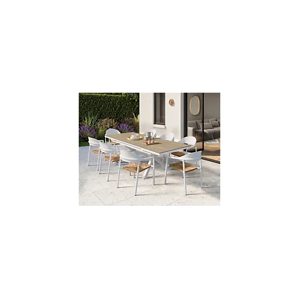 Table de jardin extensible Absolu Proloisirs céramique mat coloris chêne clair châssis blanc P.100 cm x L.180/240 cm x H.77 cm