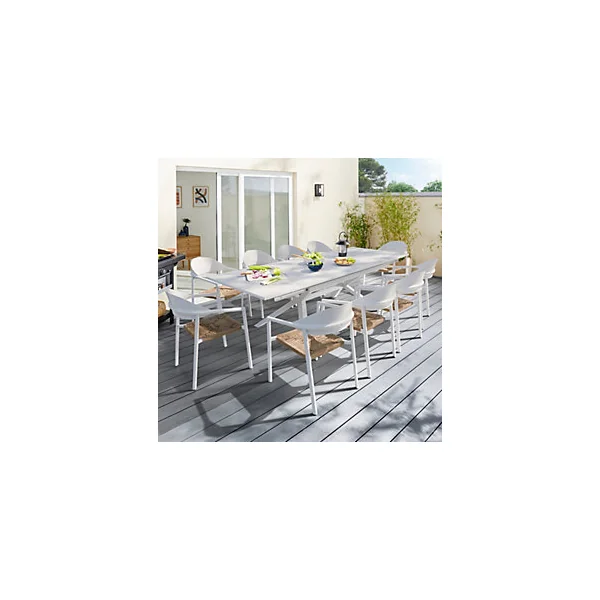 Table de jardin extensible Absolu Proloisirs céramique mat coloris Dual blanc châssis blanc P.100 cm x L.180/280 cm x H.77.5 cm