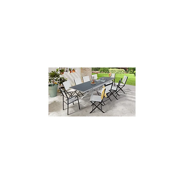 Table de jardin extensible Absolu Proloisirs HPL mat coloris Ardoise châssis blanc P.100 cm x L.180/280 cm x H.77.5 cm