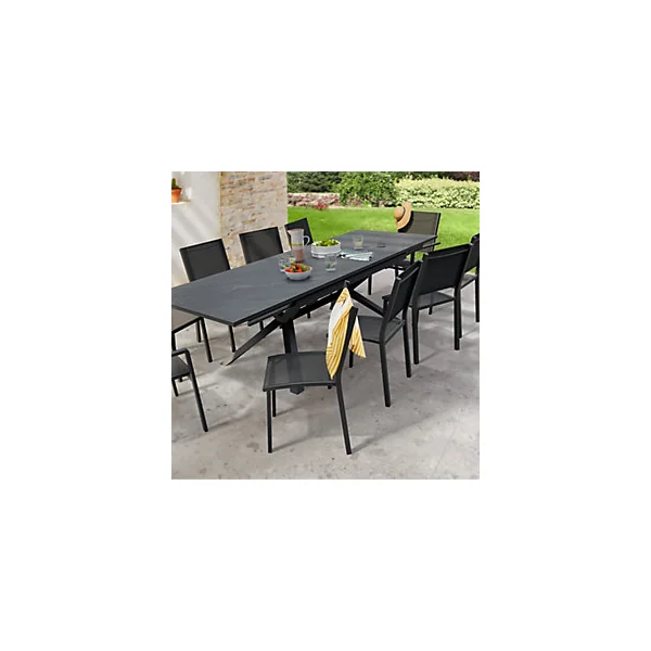 Table de jardin extensible Absolu Proloisirs HPL mat coloris Ardoise châssis graphite P.100 cm x L.180/280 cm x H.77.5 cm