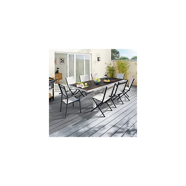 Table de jardin extensible Absolu Proloisirs HPL mat coloris Bambou châssis blanc P.100 cm x L.180/240 cm x H.77 cm