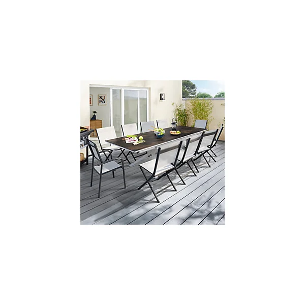 Table de jardin extensible Absolu Proloisirs HPL mat coloris Bambou châssis blanc P.100 cm x L.180/280 cm x H.77.5 cm