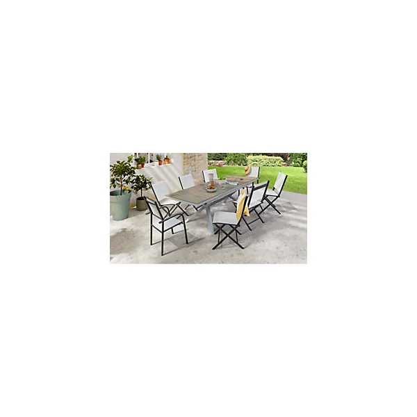 Table de jardin extensible Absolu Proloisirs HPL mat coloris chêne châssis blanc P.100 cm x L.180/240 cm x H.77 cm
