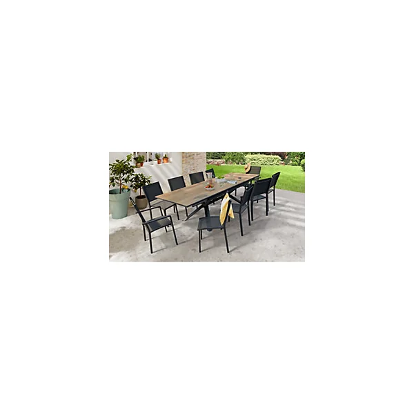 Table de jardin extensible Absolu Proloisirs HPL mat coloris chêne châssis graphite P.100 cm x L.180/280 cm x H.77.5 cm