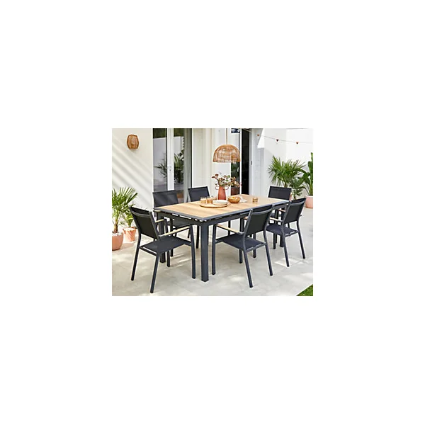 Table de jardin extensible Cubic en aluminium coloris graphite et imitation bois L.187/247 x l.100 x H.76 cm