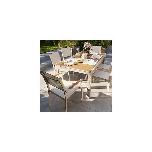 Table de jardin extensible Rowa en aluminium coloris crème et plateau imitation bois GoodHome