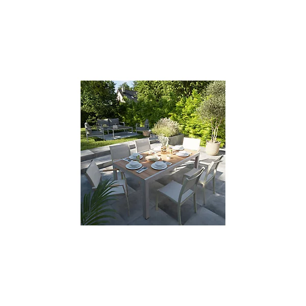Table de jardin extensible Rowa en aluminium coloris crème et plateau imitation bois GoodHome