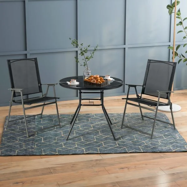 Table de Jardin Ronde 86 CM en Verre Trempé Table d'Appoint d’Extérieur avec Trou pour Parasol de 3,5 cm Cadre en Métal