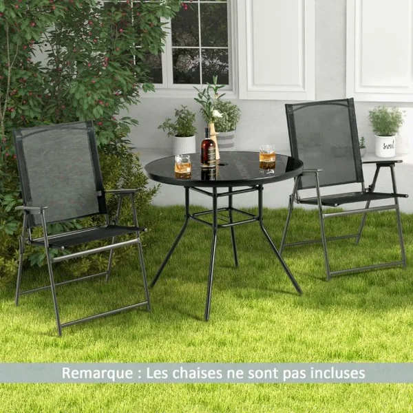 Table de Jardin Ronde 86 CM en Verre Trempé Table d'Appoint d’Extérieur avec Trou pour Parasol de 3,5 cm Cadre en Métal