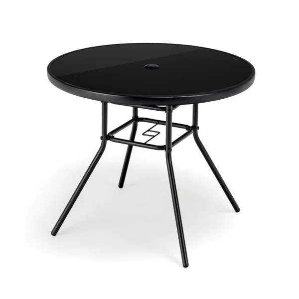 Table de Jardin Ronde 86 CM en Verre Trempé Table d'Appoint d’Extérieur avec Trou pour Parasol de 3,5 cm Cadre en Métal