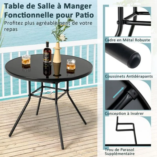 Table de Jardin Ronde 86 CM en Verre Trempé Table d'Appoint d’Extérieur avec Trou pour Parasol de 3,5 cm Cadre en Métal