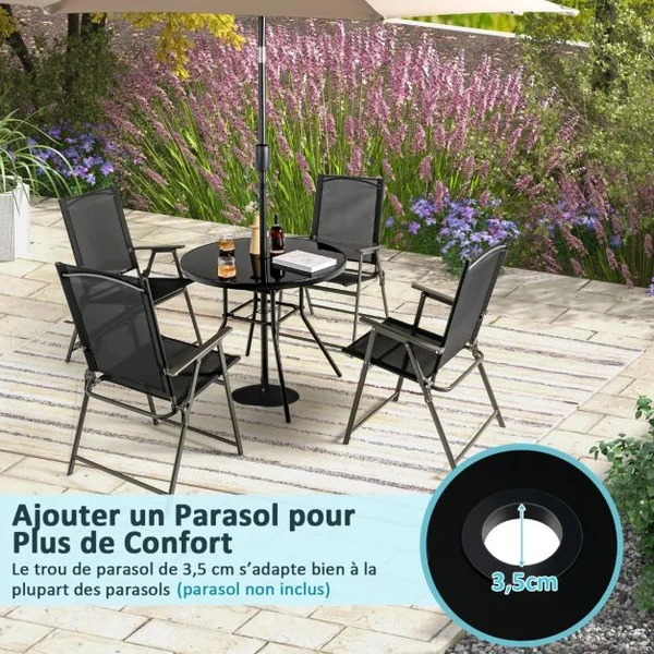 Table de Jardin Ronde 86 CM en Verre Trempé Table d'Appoint d’Extérieur avec Trou pour Parasol de 3,5 cm Cadre en Métal