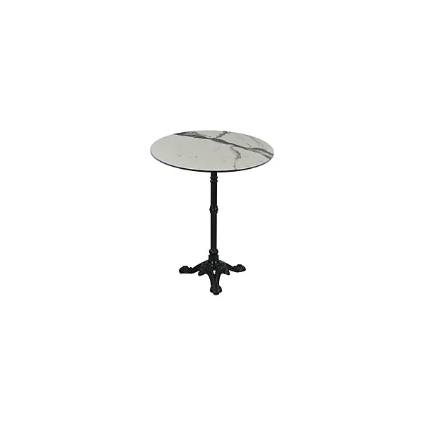 Table de jardin Trady Bistro Proloisirs fonte et HPL coloris graphite et marbre blanc ⌀60 x H.72,5 cm