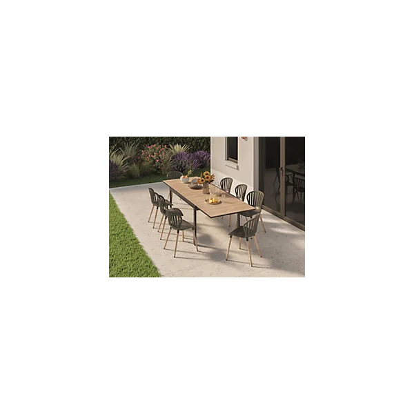 Table de jardin VAO extensible en aluminium gris foncé et imitation bois - 10 personnes