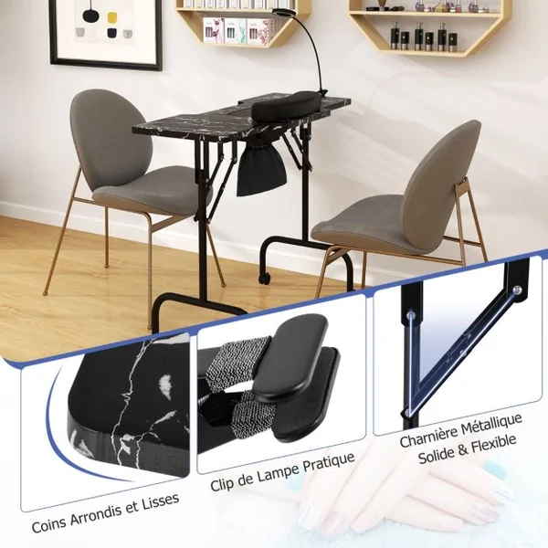 Table de Manucure Pliante avec Collecteur de Poussière Électrique Bureau d’Esthéticienne avec Lampe LED Coussin Noir/Blanc/Rose