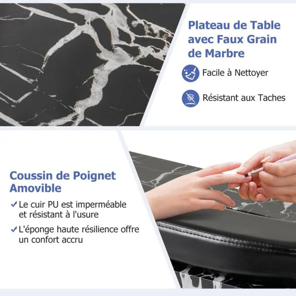 Table de Manucure Pliante avec Collecteur de Poussière Électrique Bureau d’Esthéticienne avec Lampe LED Coussin Noir/Blanc/Rose