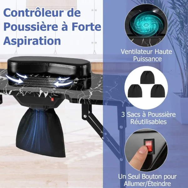 Table de Manucure Pliante avec Collecteur de Poussière Électrique Bureau d’Esthéticienne avec Lampe LED Coussin Noir/Blanc/Rose