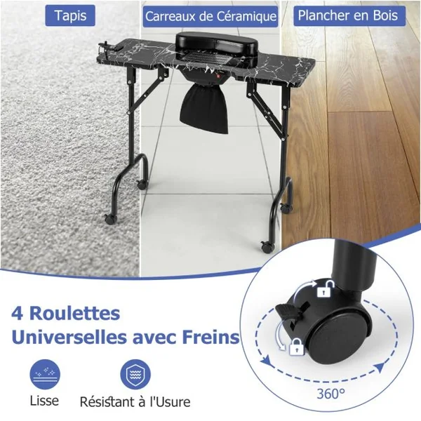 Table de Manucure Pliante avec Collecteur de Poussière Électrique Bureau d’Esthéticienne avec Lampe LED Coussin Noir/Blanc/Rose