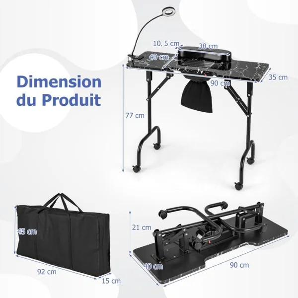 Table de Manucure Pliante avec Collecteur de Poussière Électrique Bureau d’Esthéticienne avec Lampe LED Coussin Noir/Blanc/Rose