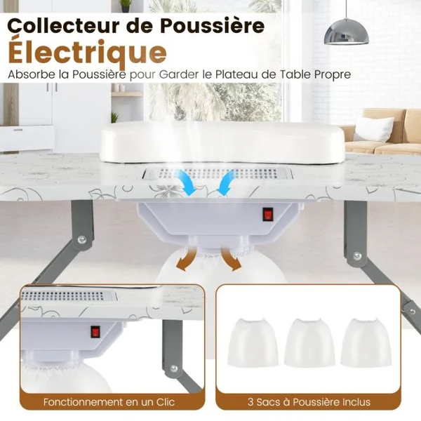 Table de Manucure Pliante avec Collecteur de Poussière Électrique Bureau d’Esthéticienne avec Lampe LED Flexible Coussin pour Poignet Blanc