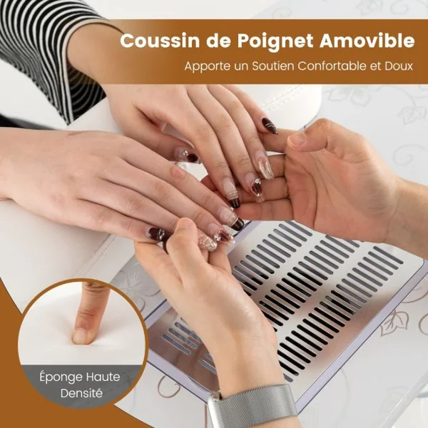 Table de Manucure Pliante avec Collecteur de Poussière Électrique Bureau d’Esthéticienne avec Lampe LED Flexible Coussin pour Poignet Blanc