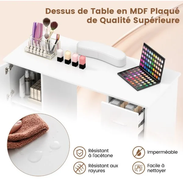 Table de Manucure Professionnelle avec 2 Armoires 3 Tiroirs Station de Technicienne en Ongles avec Repose-poignet 90x43x74cm Noir/Rose/Blanc