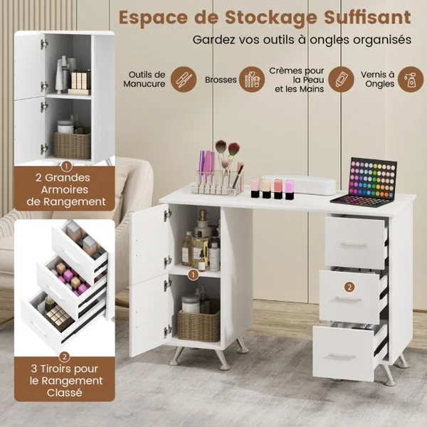 Table de Manucure Professionnelle avec 2 Armoires 3 Tiroirs Station de Technicienne en Ongles avec Repose-poignet 90x43x74cm Noir/Rose/Blanc
