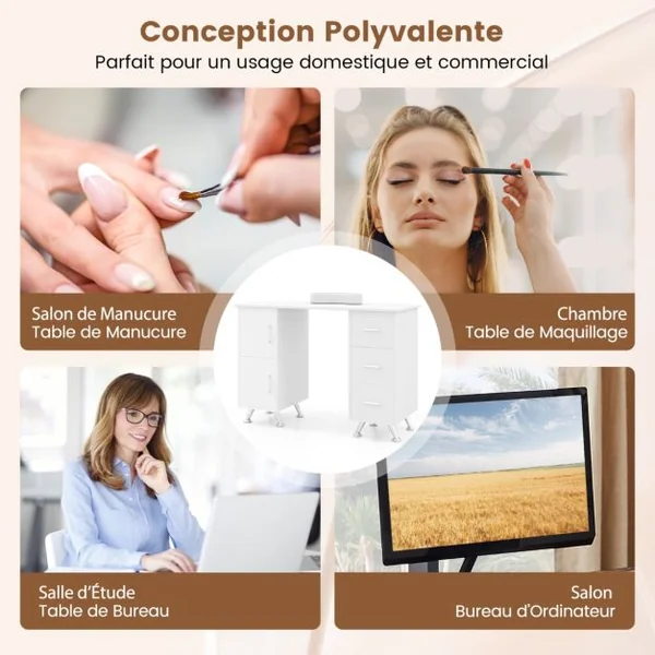 Table de Manucure Professionnelle avec 2 Armoires 3 Tiroirs Station de Technicienne en Ongles avec Repose-poignet 90x43x74cm Noir/Rose/Blanc