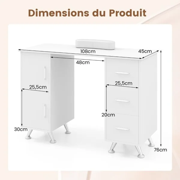 Table de Manucure Professionnelle avec 2 Armoires 3 Tiroirs Station de Technicienne en Ongles avec Repose-poignet 90x43x74cm Noir/Rose/Blanc